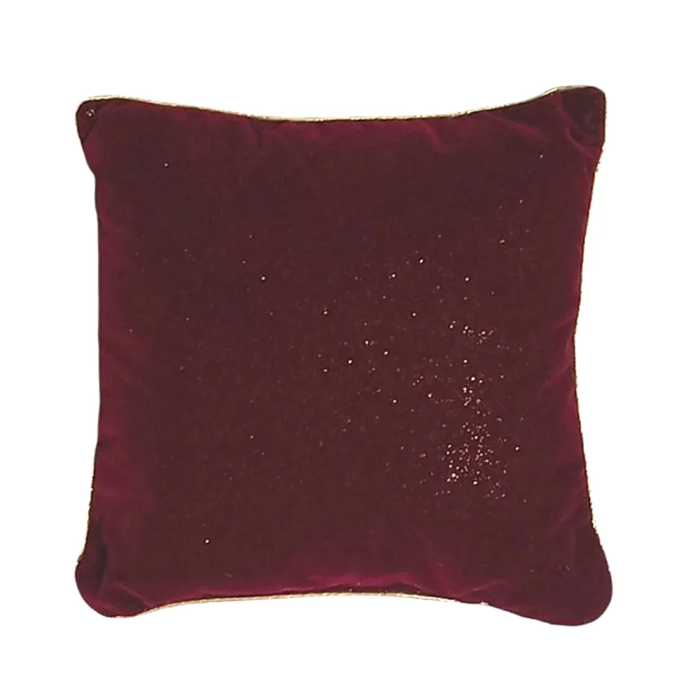 Christmas Embroidered Burgandy Velvet Gold GlitterTrim Throw Pillow